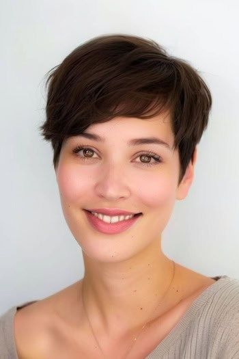 Peinado pixie redondeado con flequillo para pelo fino.