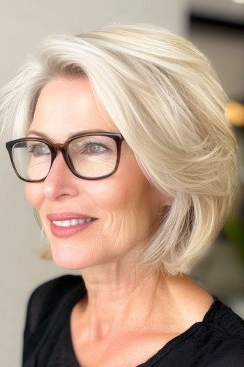 Rubio Swoopy Capas Peinado Corto Para Mujeres Mayores De 50 Con Gafas.