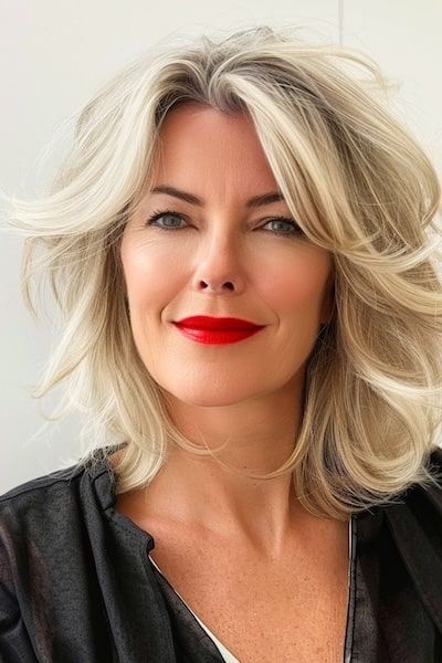 Peinado Bob a capas con flequillo cortina para mujeres de más de 50 años.