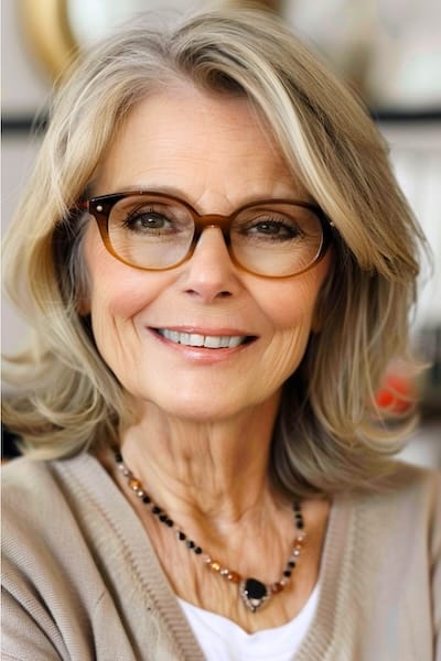 Peinado bob a capas con puntas volteadas para mujeres de más de 70 años.