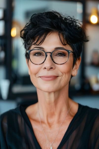 Pixie con flequillo Wispy Peinado para mujeres mayores de 50 años con gafas.