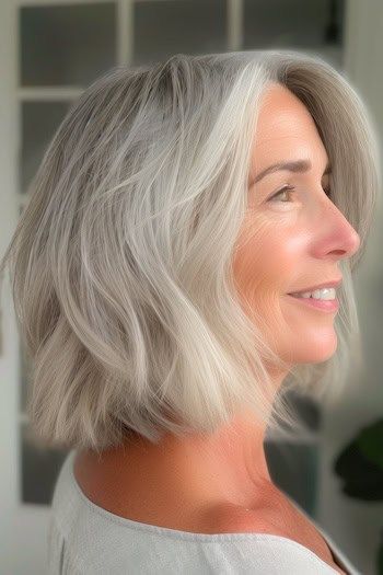 Peinado Bob con textura plateada para cabello fino.