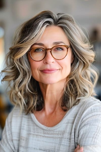 Peinado con ondas texturizadas hasta los hombros para mujeres de más de 40 años con gafas.