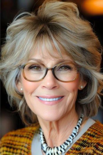 Peinado despeinado a capas con plumas para mujeres de más de 70 años con gafas.