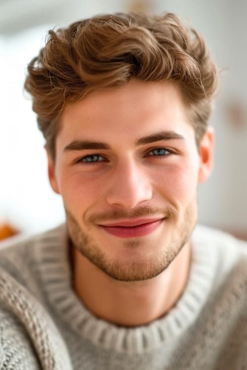 Corte de pelo quiff ondulado en hombre sonriente con pelo castaño.