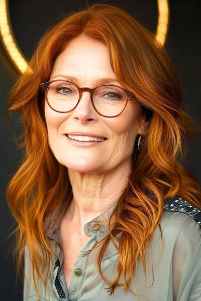 Peinado a capas cobre para mujeres de más de 40 años con gafas.