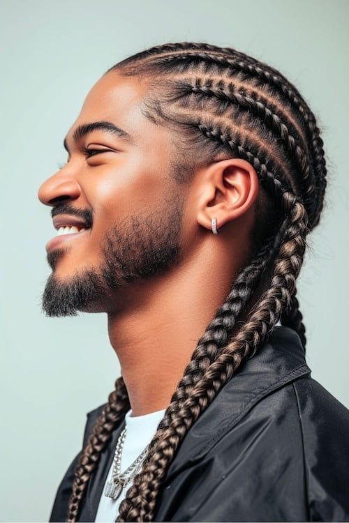 Trenzas de copete en un joven sonriente.