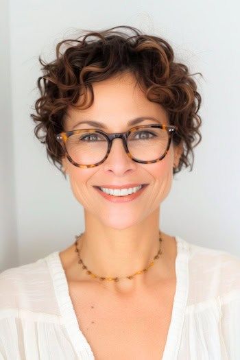 Rizos Recortados Peinado Corto Para Mujeres Mayores De 50 Con Gafas.
