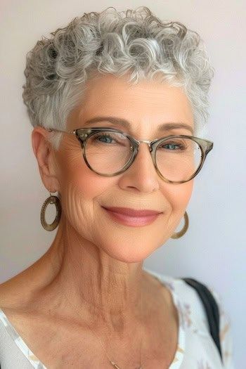 Peinado Pixie rizado corto para mujeres de más de 70 años con gafas.