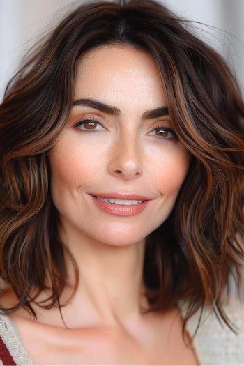 Idea de color de pelo castaño oscuro con caramelo balayage.