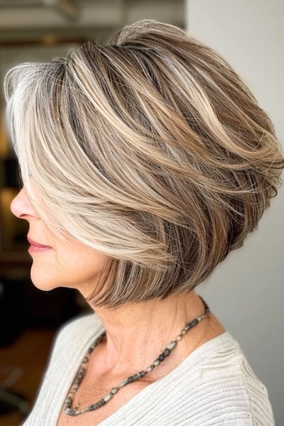 Peinado Bob invertido con mechas para mujeres mayores.