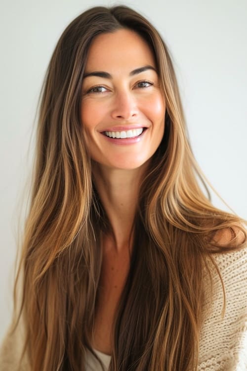 Pelo castaño, largo y liso en una hermosa mujer sonriente de más de 40 años.