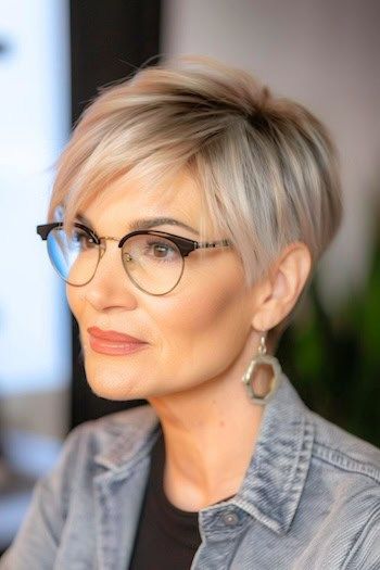Pixie recto con flequillo lateral Peinado corto para mujeres mayores de 50 años con gafas.