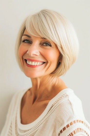 Peinado Bob redondeado con flequillo para cabello fino.