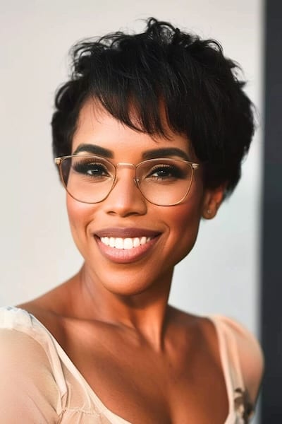 Peinado Pixie con cepillo hacia delante para mujeres de más de 40 años con gafas.