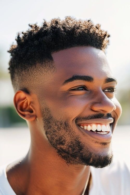 Curly top fade corte de pelo corto para hombre en sonriente hombre negro.