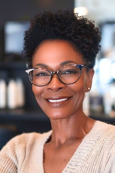 Peinado Pixie rizado con volumen para mujeres de más de 50 años con gafas.