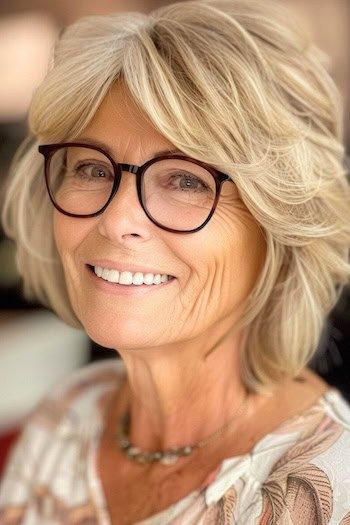 Peinado a capas con flequillo cortina para mujeres de más de 70 años con gafas.