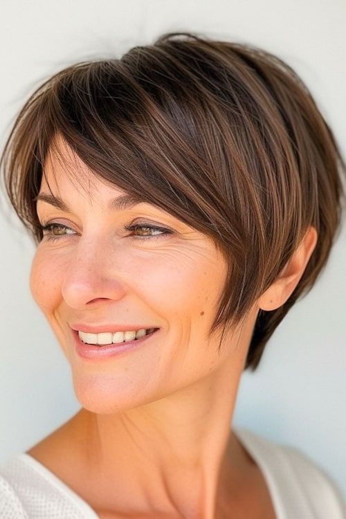 Pixie a capas con flequillo barrido de lado peinado corto para mujeres mayores de 50 años.