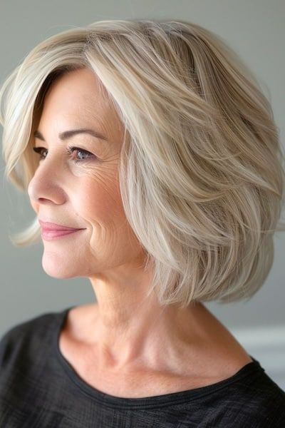 Peinado Bob a capas redondeado para mujeres de más de 50 años con pelo grueso.