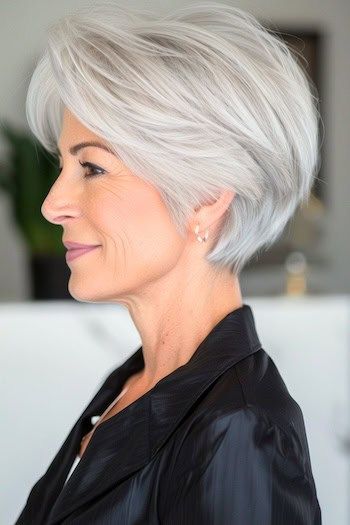 Peinado Pixie Bob plateado para mujeres de más de 50 años con pelo fino.