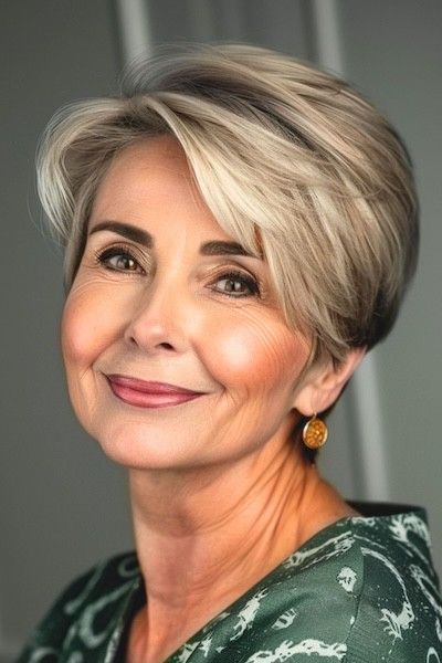 Corte de pelo Pixie con raya al lado para mujeres de más de 60 años.