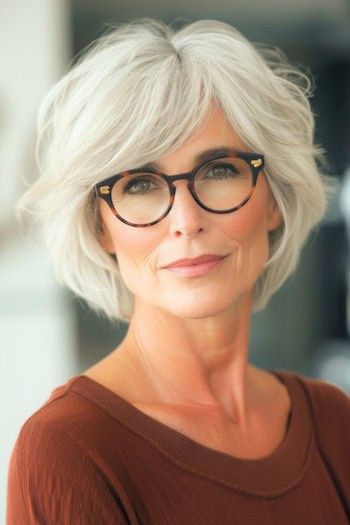 Peinado corto con capas plateadas para mujeres de más de 50 años con gafas.