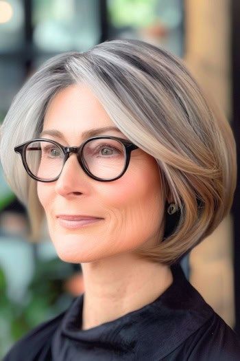 Mechas Balayage en un peinado Bob corto hasta la barbilla para mujeres de más de 50 años con gafas.