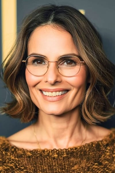 Peinado Bob con puntas abiertas para mujeres de más de 40 años con gafas.