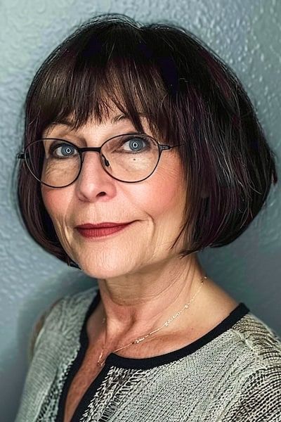 Peinado Bob clásico con flequillo para mujeres de más de 50 años con gafas.