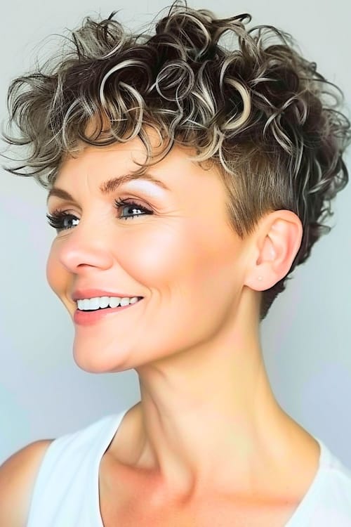 Pixie rizado con undercut peinado rizado para las mujeres mayores de 50 años.