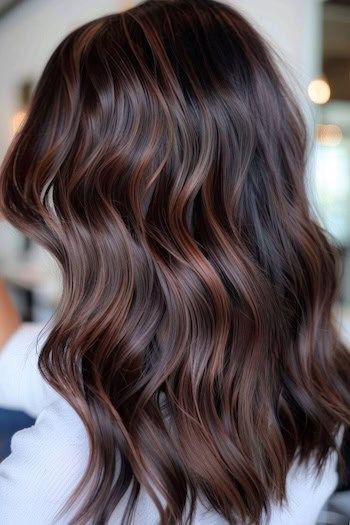 Castaño Oscuro con Castaño Caoba Balayage Hair Color Idea.