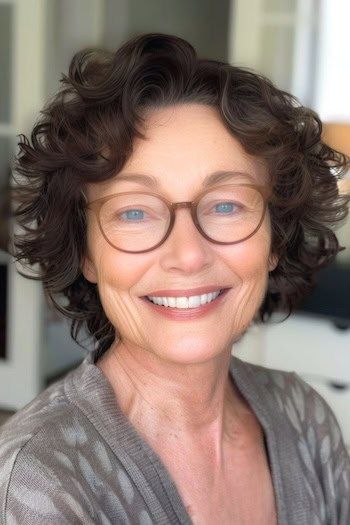 Peinado de rizos cortos en capas para mujeres de más de 70 años con gafas.