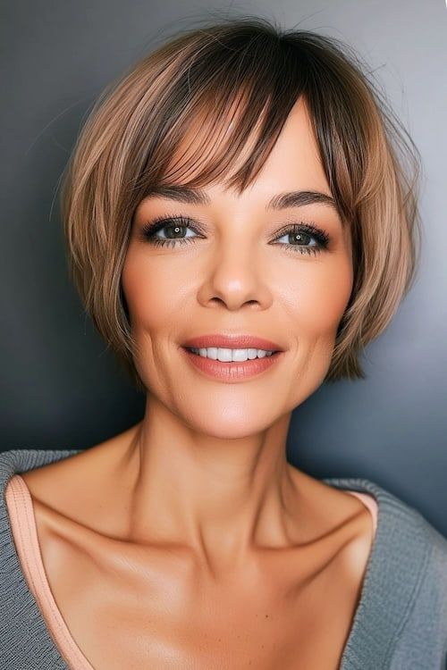 Peinado bob corto con flequillo para mujeres de más de 50 años.