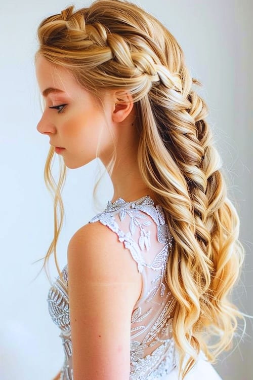 Trenza holandesa lateral con ondas idea de peinado de graduación.