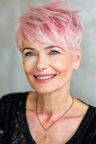 Corte de pelo Pixie rosa vibrante para mujeres de más de 60 años.