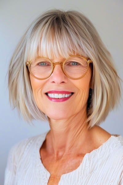 Peinado Bob rubio con flequillo completo para mujeres de más de 50 años con gafas.