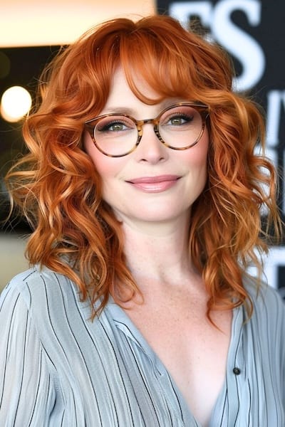 Rizos cobrizos con flequillo Peinado para mujeres de más de 40 años con gafas.