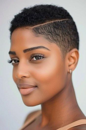 Corte natural recortado con raya Peinado corto para mujeres negras.