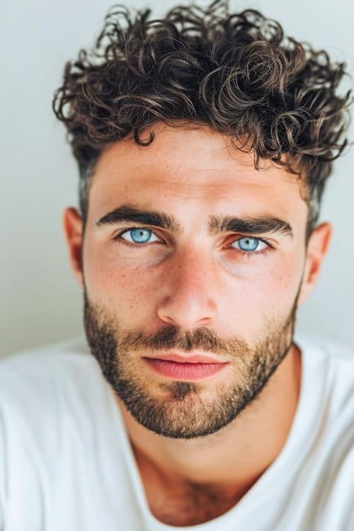 Corto rizado mens corte de pelo en el hombre con barba y ojos azules.