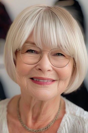 Peinado Bob corto redondeado con flequillo para mujeres de más de 70 años con gafas.