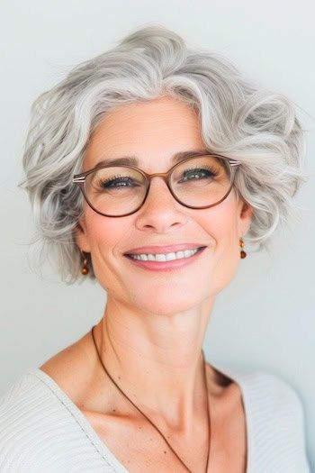 Ondulado recortado capas peinado corto para las mujeres mayores de 50 años con gafas.
