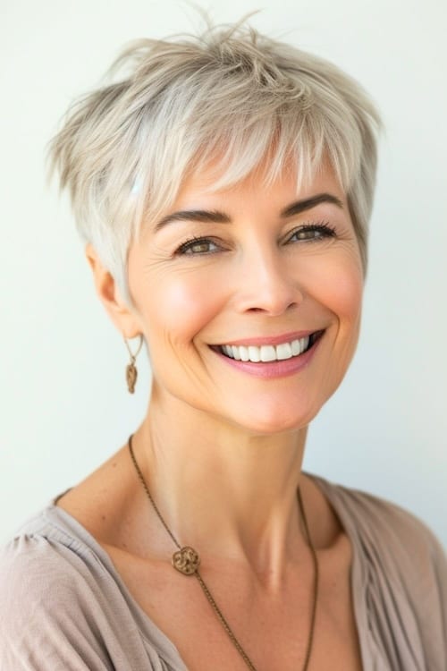 Choppy pixie con flequillo en mujer mayor sonriente.