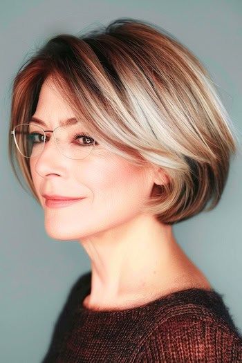 Highlighted Rounded Bob Peinado Corto Para Mujeres Mayores De 50 Con Gafas.