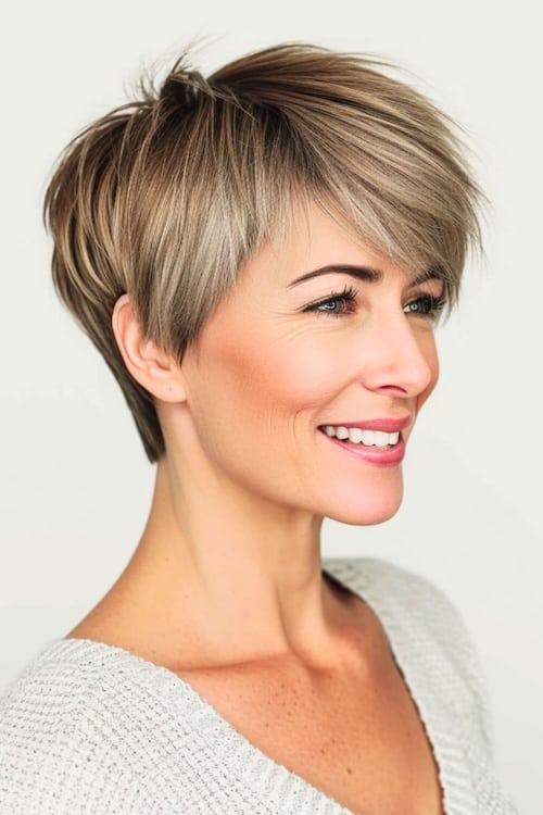 Corte de pelo pixie corto y entrecortado para mujeres de más de 50 años.