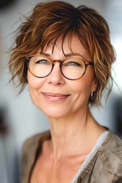 Peinado corto de corte desgreñado para mujeres de más de 40 años con gafas.