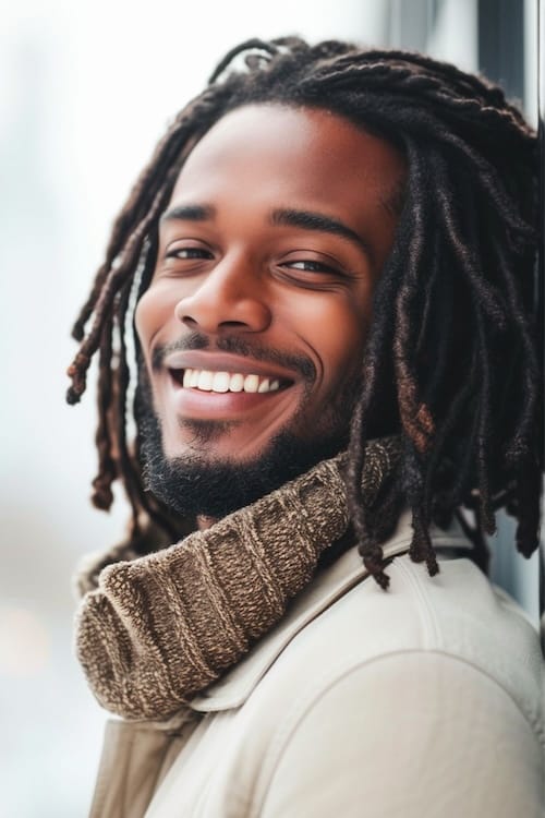 Rastas hasta los hombros en un joven negro sonriente.