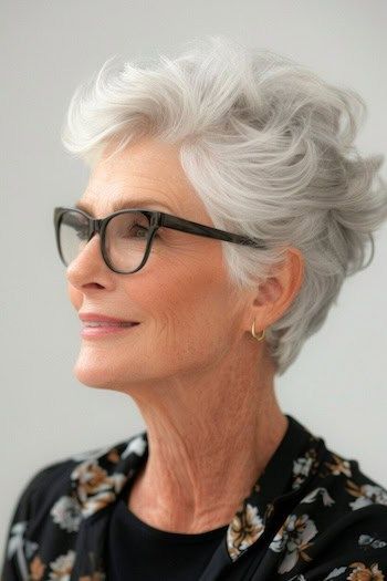 Peinado Pixie despeinado hacia atrás para mujeres de más de 70 años con gafas.