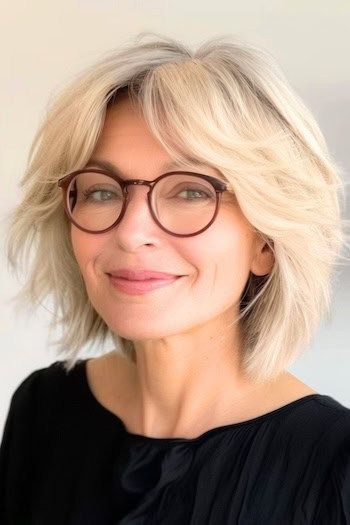 Rubio Capas con Flequillo Cortina Peinado Corto Para Mujeres Mayores de 50 Con Gafas.