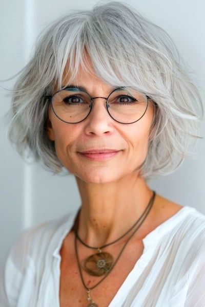Peinado Bob con flequillo para mujeres de más de 50 años con gafas.